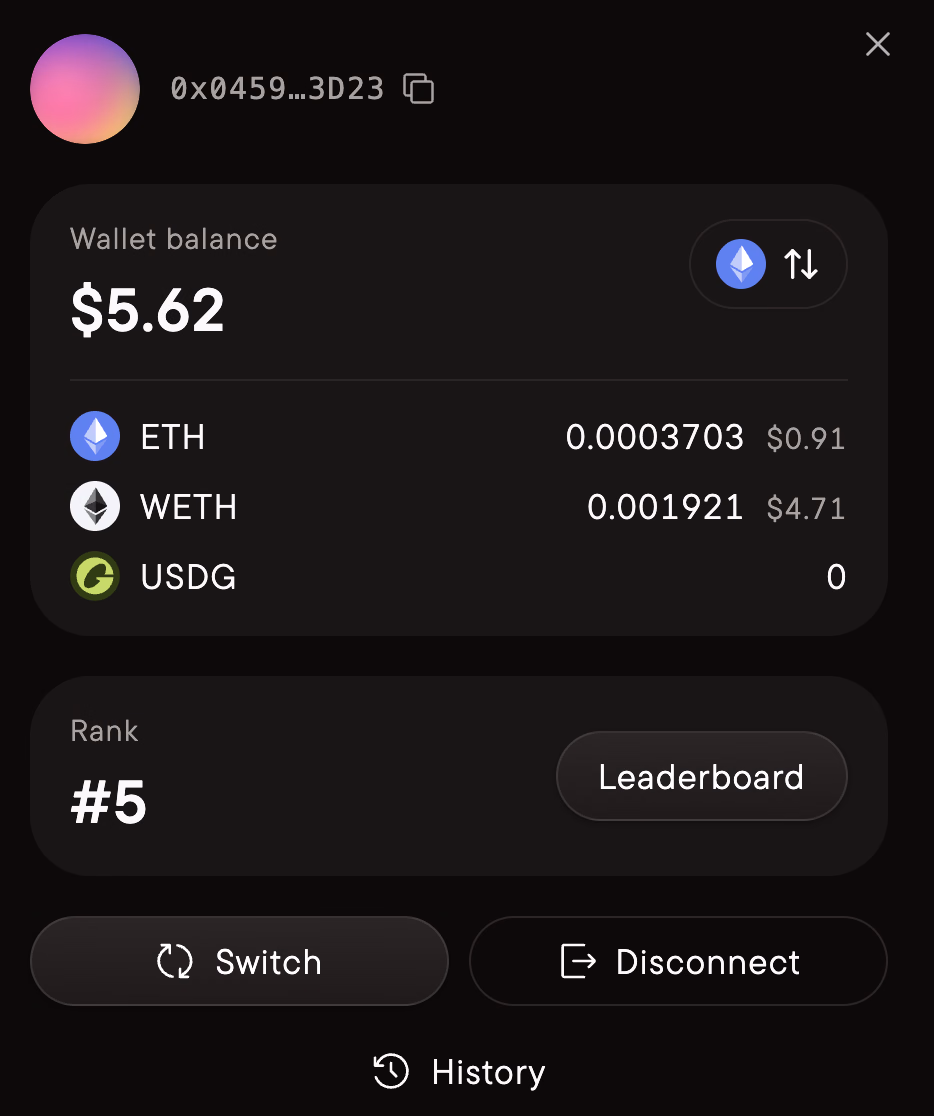 Account settings show balances, Switch, Disconnect, and links to History and the Leaderboard.