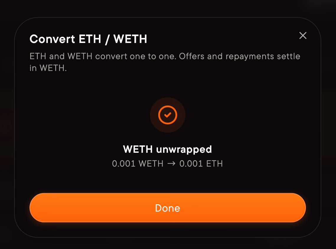WETH unwrapped confirms the conversion to ETH.