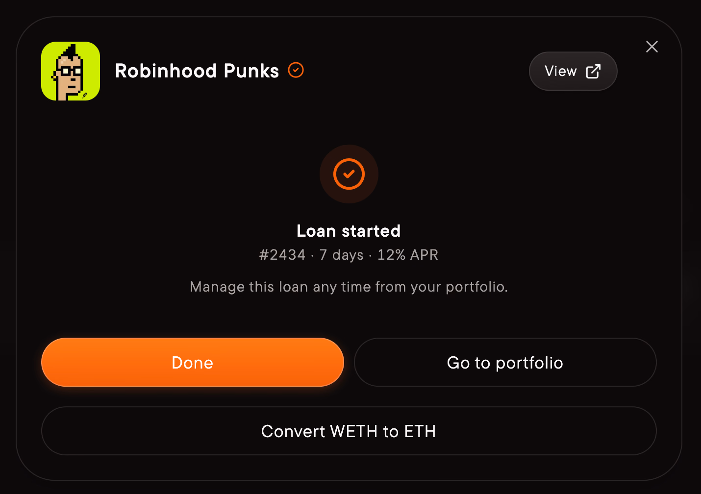 Loan started, with the optional Convert WETH to ETH action.