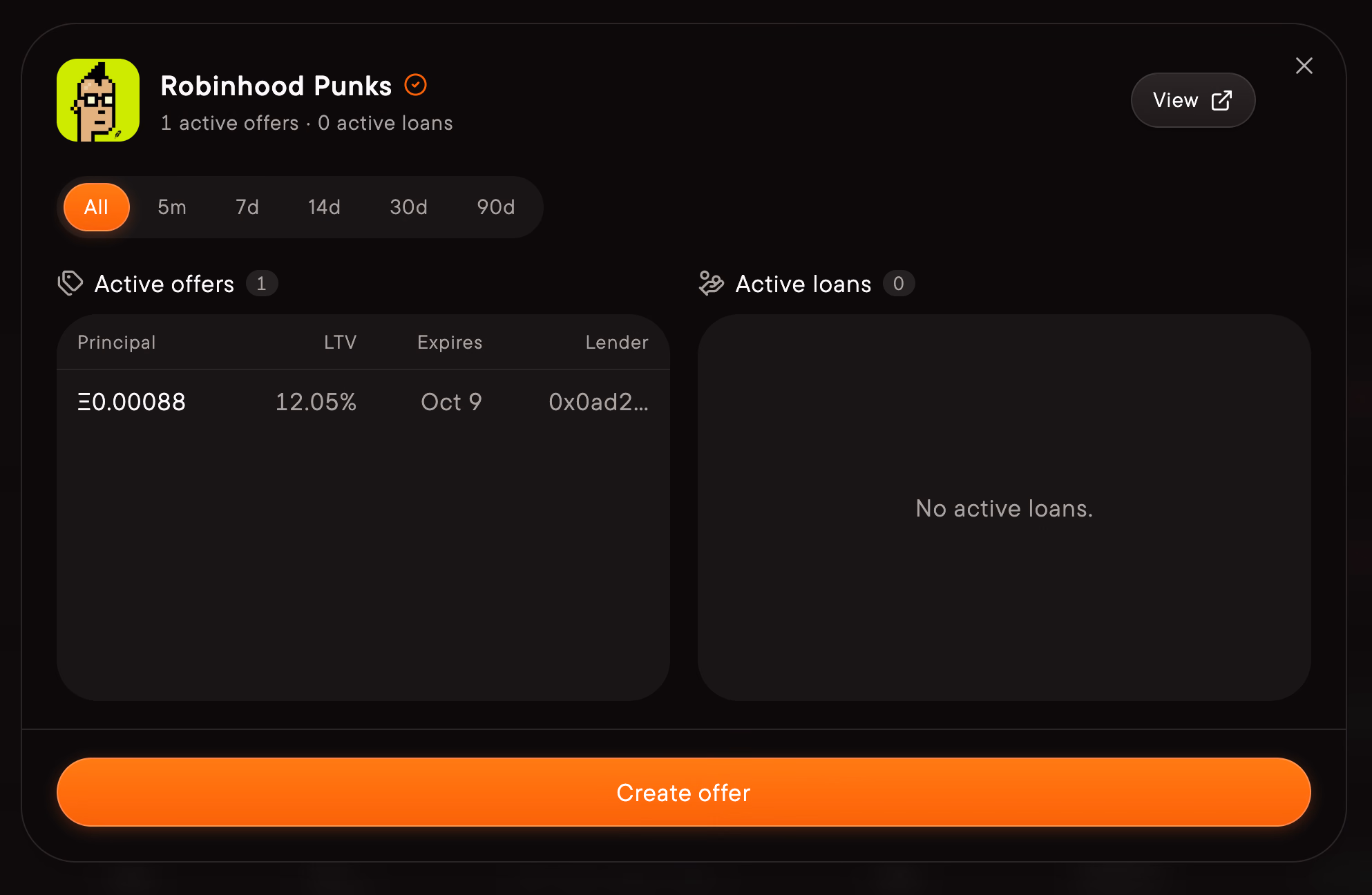 Compare offers and active loans using the term filters.