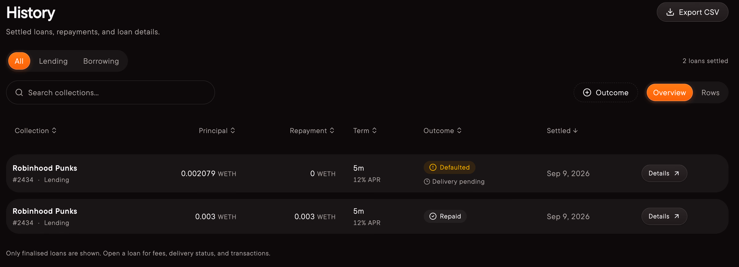 Filter History by activity or outcome, and switch between Overview and Rows.