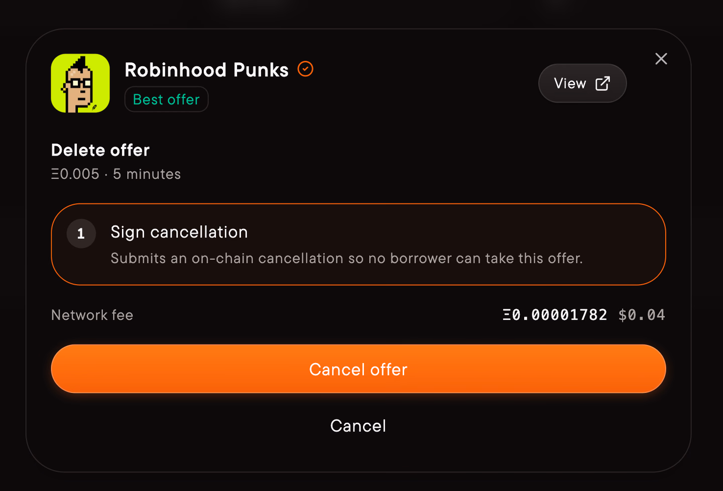 Review the network fee before cancelling an unused offer.