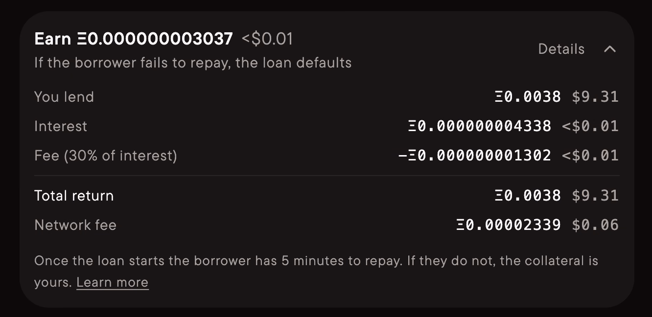 The offer breakdown separates interest from the protocol's 30% share.