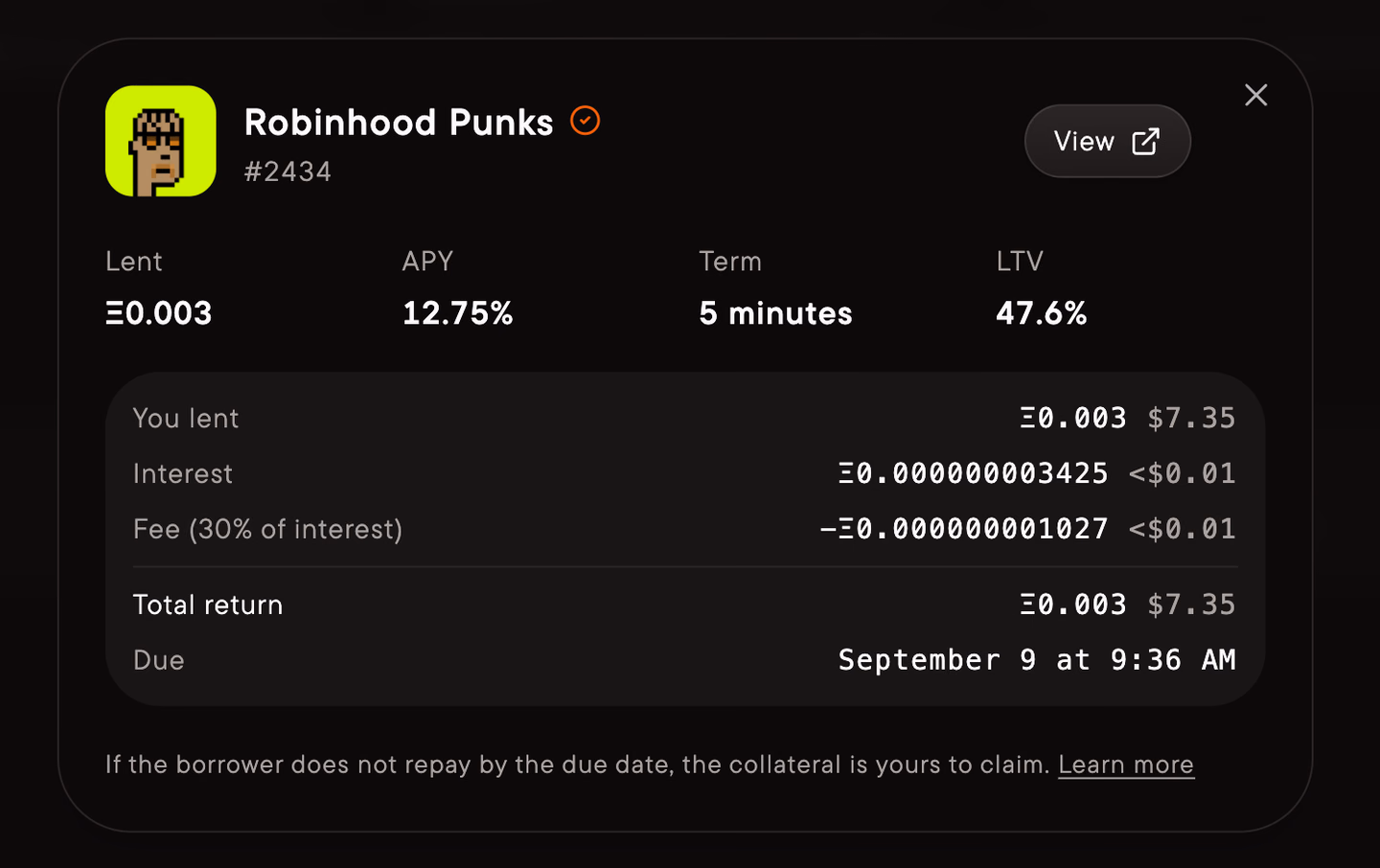 The lender's active loan shows the principal, interest, fee, total return, and due date.