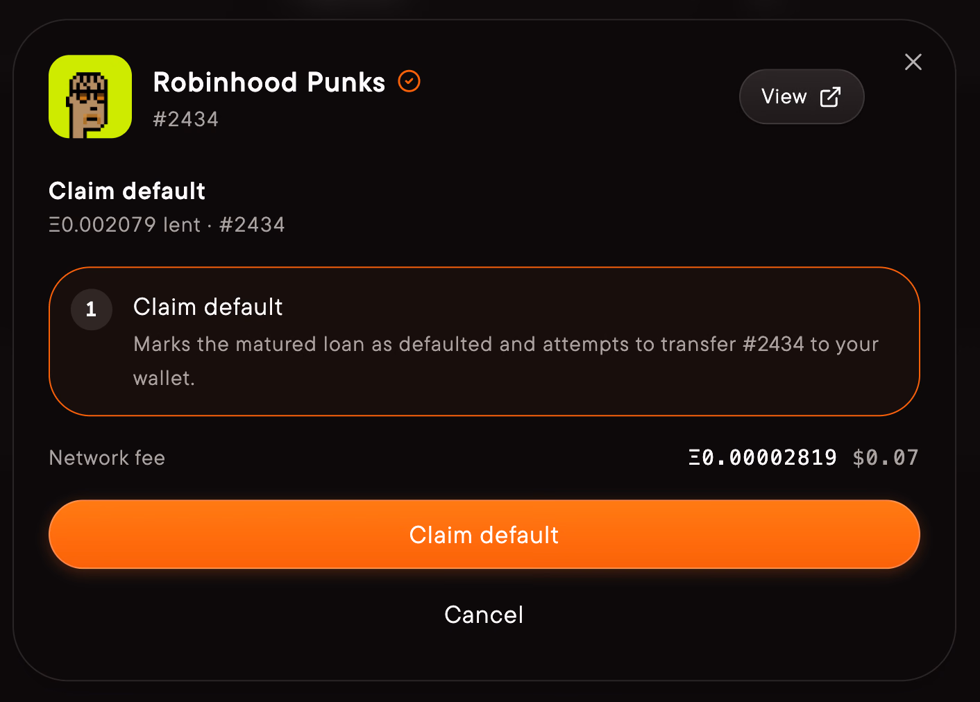 Review Claim default and the network fee before signing.