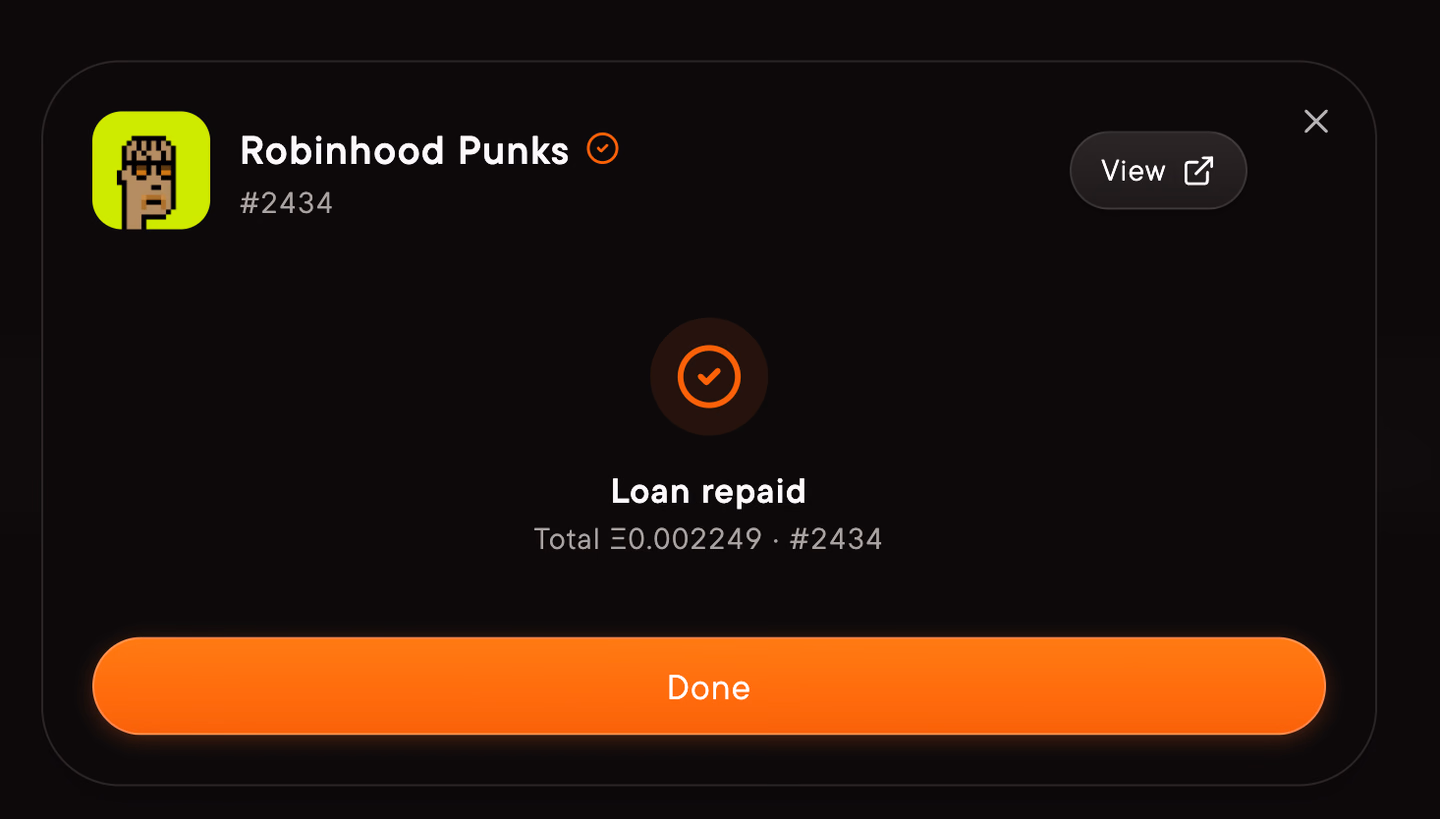 Loan repaid confirms successful repayment.
