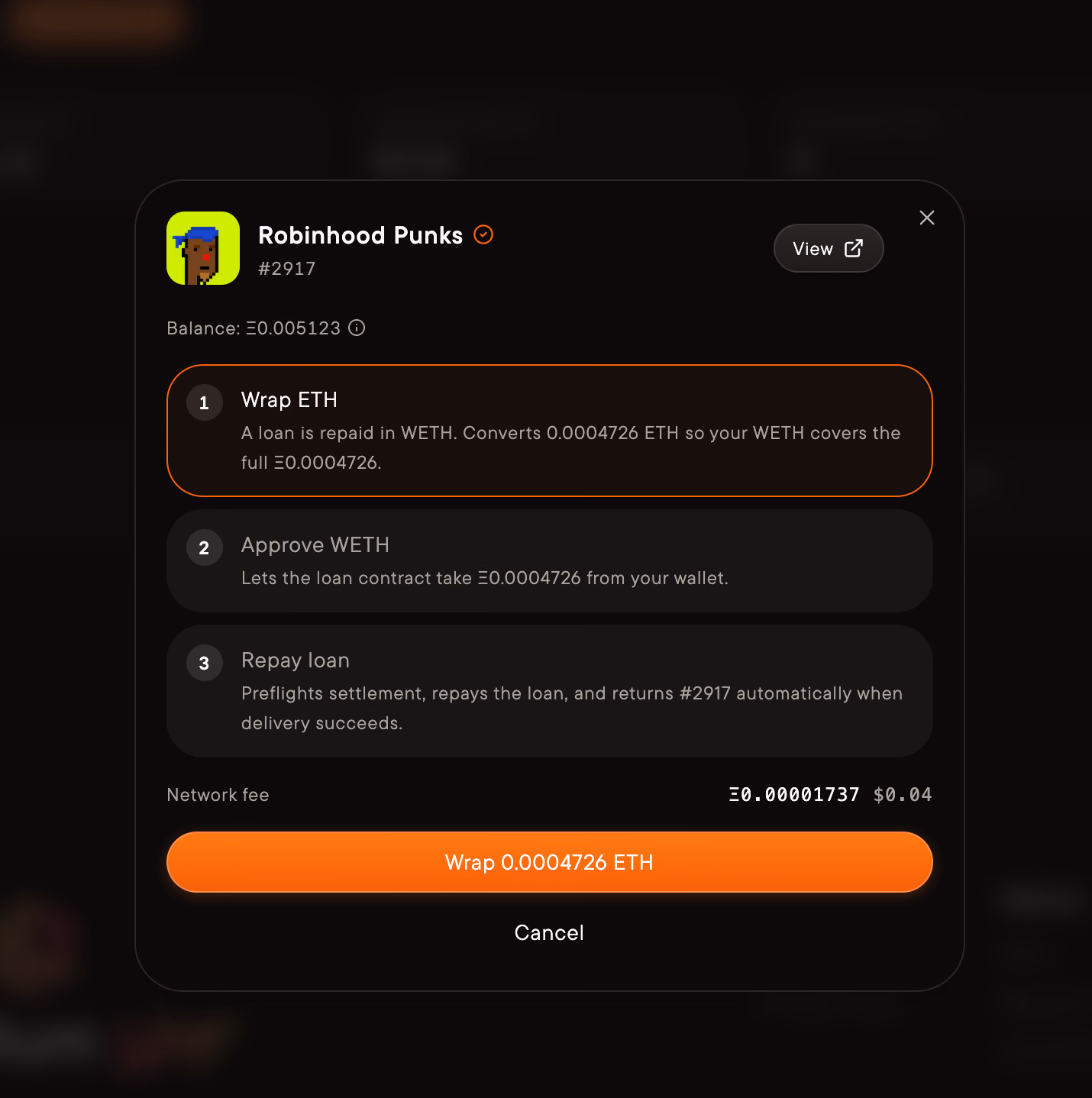 The repayment modal includes wrapping and approval when needed.