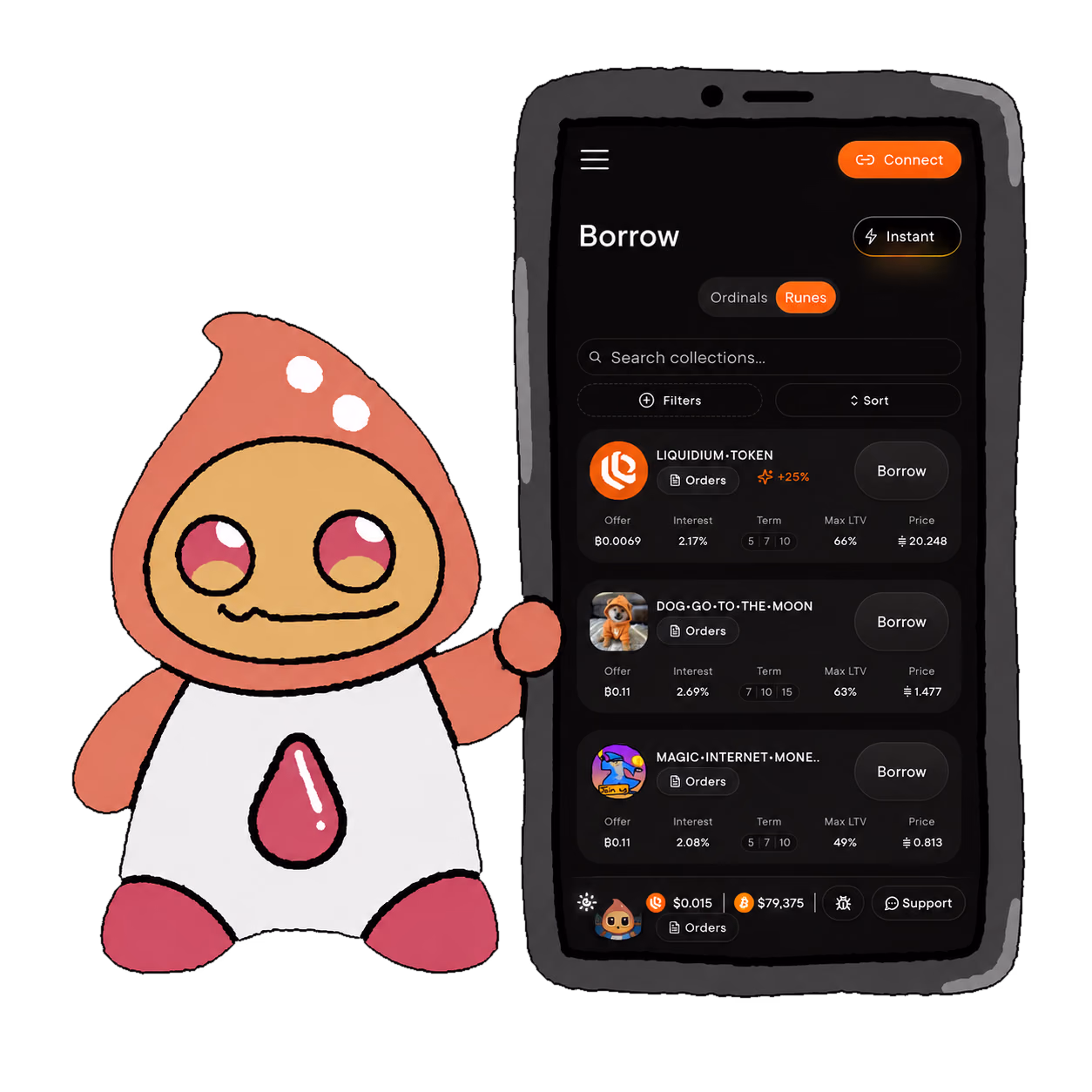 Liquidium's Quid holding a mobile device with a screenshot of the Liquidium borrowing app