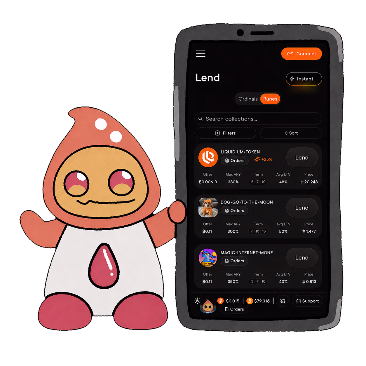 Liquidium's Quid holding a mobile device with a screenshot of the Liquidium lending app