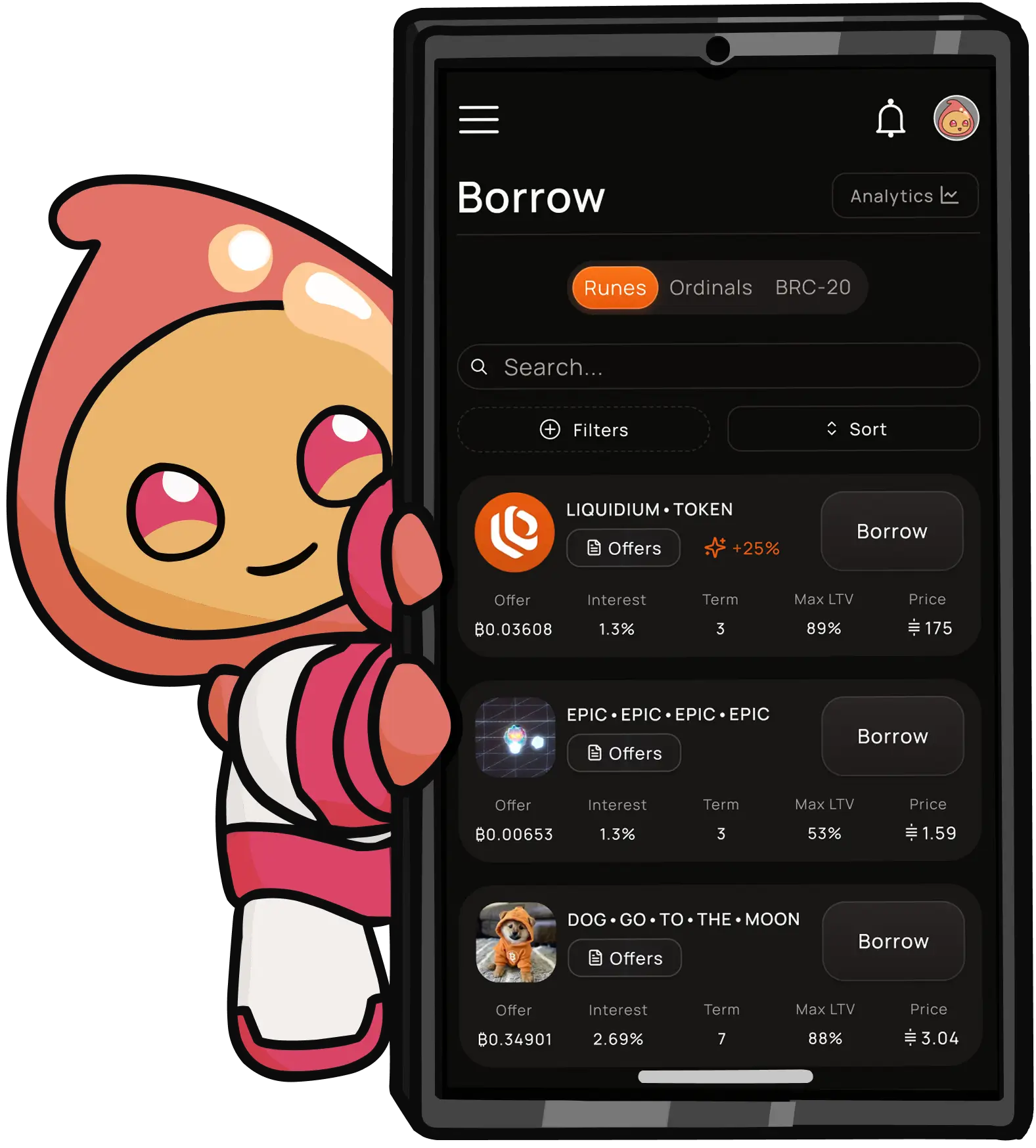 Liquidium's Quid holding a mobile device with a screenshot of the Liquidium borrowing app