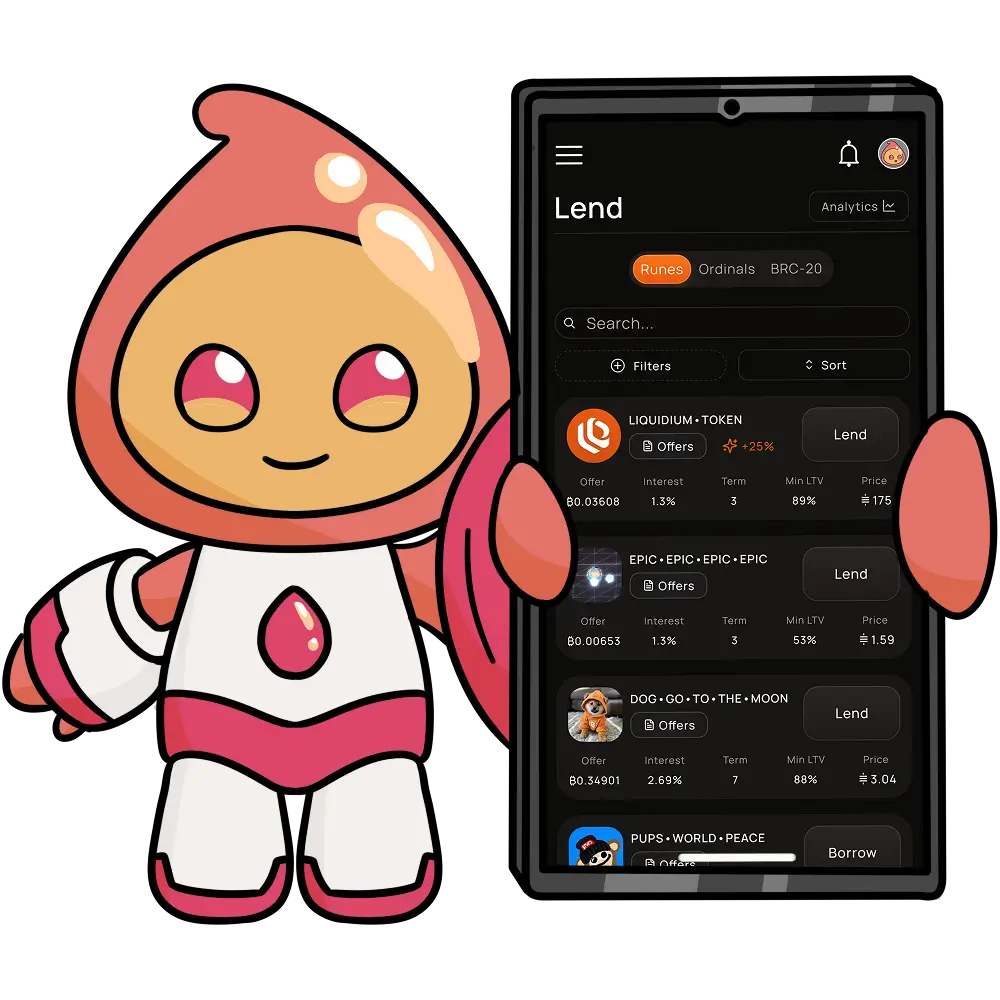 Liquidium's Quid holding a mobile device with a screenshot of the Liquidium lending app