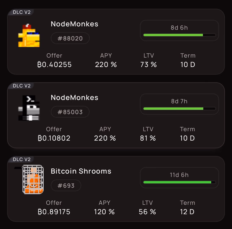Active NodeMonkes and Bitcoin Shrooms loans on Liquidium